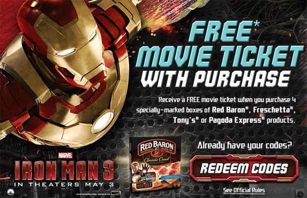 Free Iron Man movie tickets from Red Baron, Tony's, Freschetta or Pagoda Express products