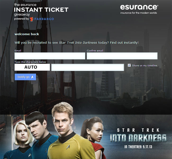 Esurance is giving away 30.000 movie ticket to see Star Trek into Darkness