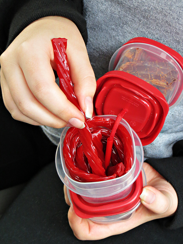 DIY Hanging Snack Tower - a clever way to take snacks on-the-go without losing containers or their lids!